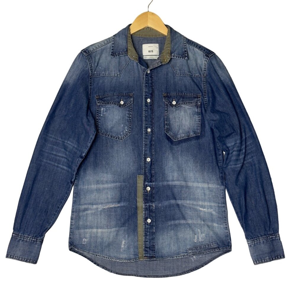 ZARA Denim Shirt 1975 Collection Long Sleeve Button-Down Chest Pockets Size S